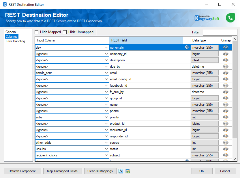 SSIS Freshdesk REST Destination - Columns